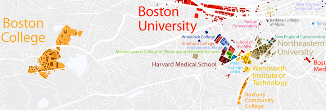 Map of colleges and universities around Brookline
